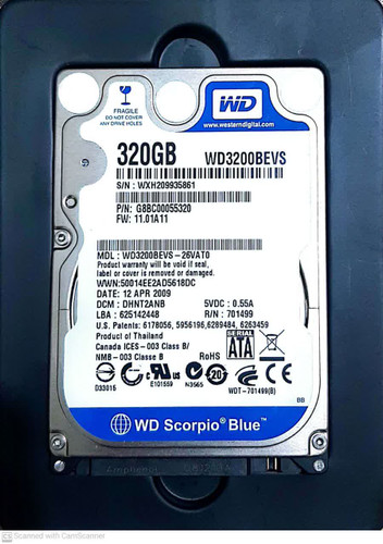 هارد دیسک اینترنال لپ تاپ وسترن دیجیتال مدل WD3200BEVS ظرفیت ۳۲۰ گیگابایت سایز ۲.۵ (استوک)
