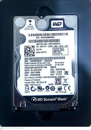 هارد دیسک لپ تاپ 500 گیگابایتی 2.5 اینچی SATA Western Digital WD5000BEKT SCORPIO BLACK (استوک)
